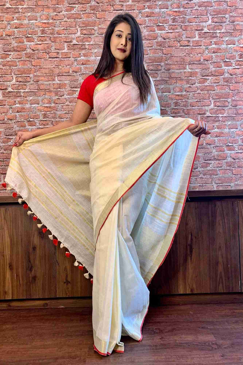 Off white bhagalpuri line with zari & red tiny border wrap in 1 minute saree - Isadora Life Online Shopping Store