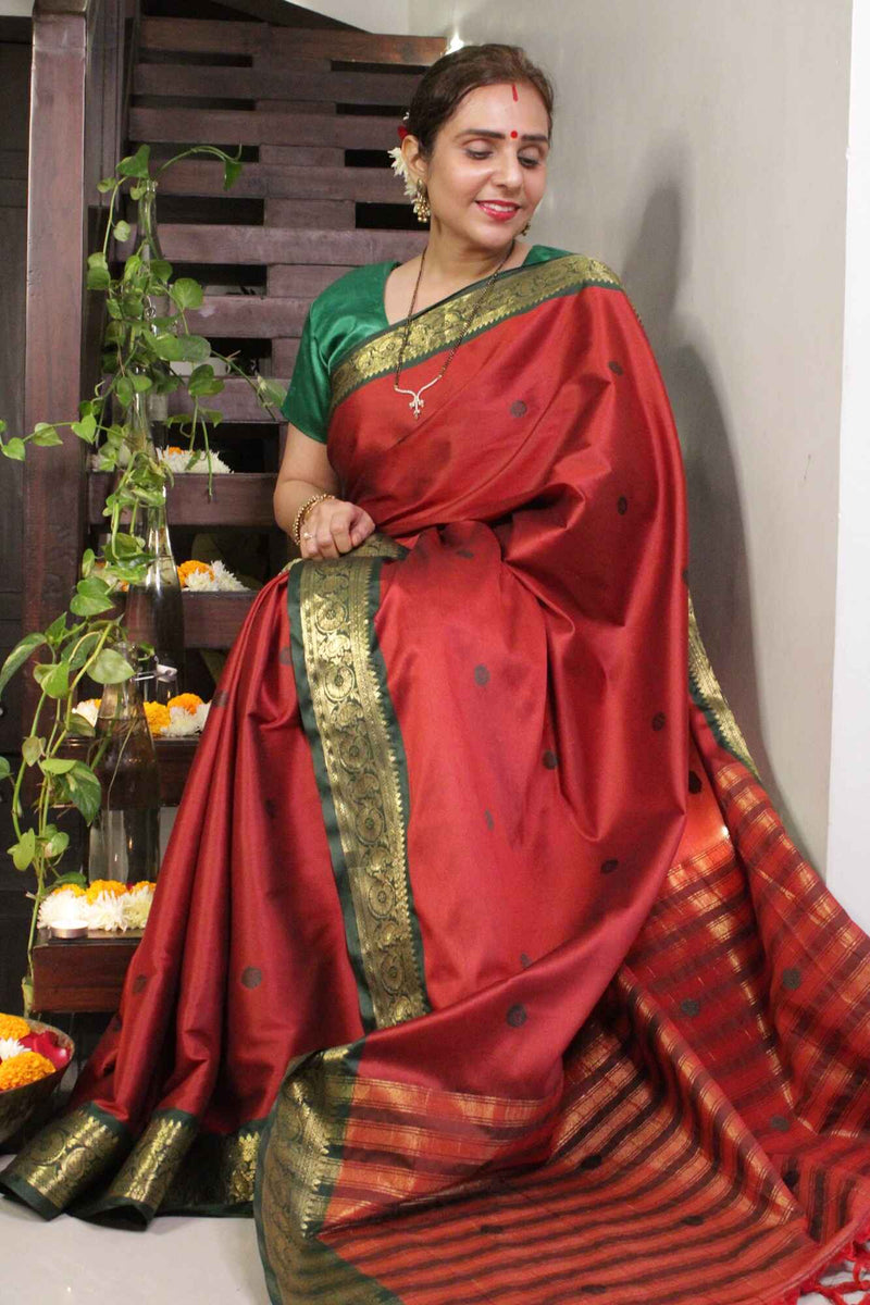 Traditional south silk Mangalgiri Maroon with woven green zari border ornate pallu 1 minute saree - Isadora Life Online Shopping Store