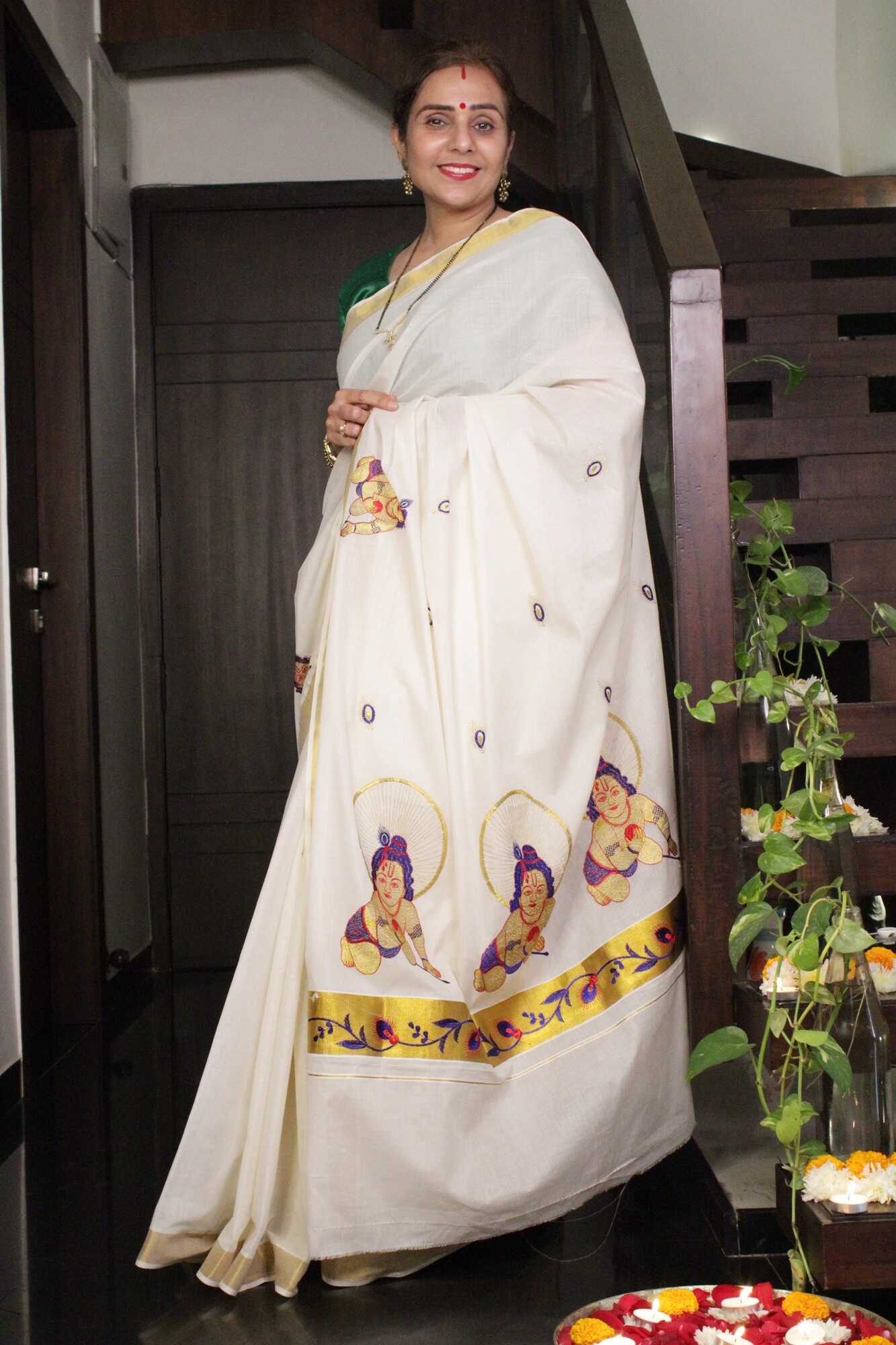 Kerala Kasavu with balgopal embroidered pallu predraped stitched 1 minute saree - Isadora Life Online Shopping Store