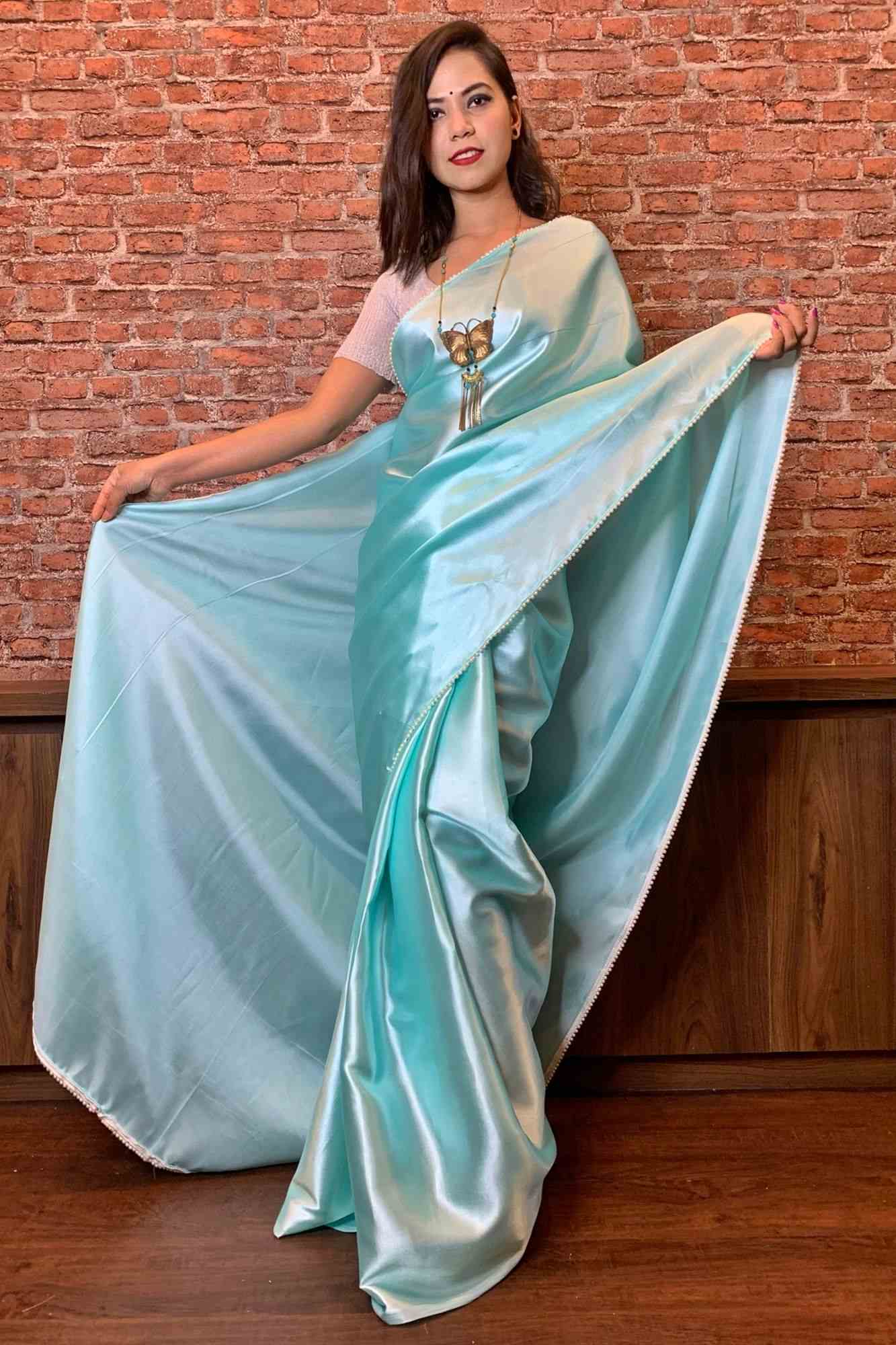 Light mint green satin with moti lace wrap in 1 minute saree - Isadora Life Online Shopping Store