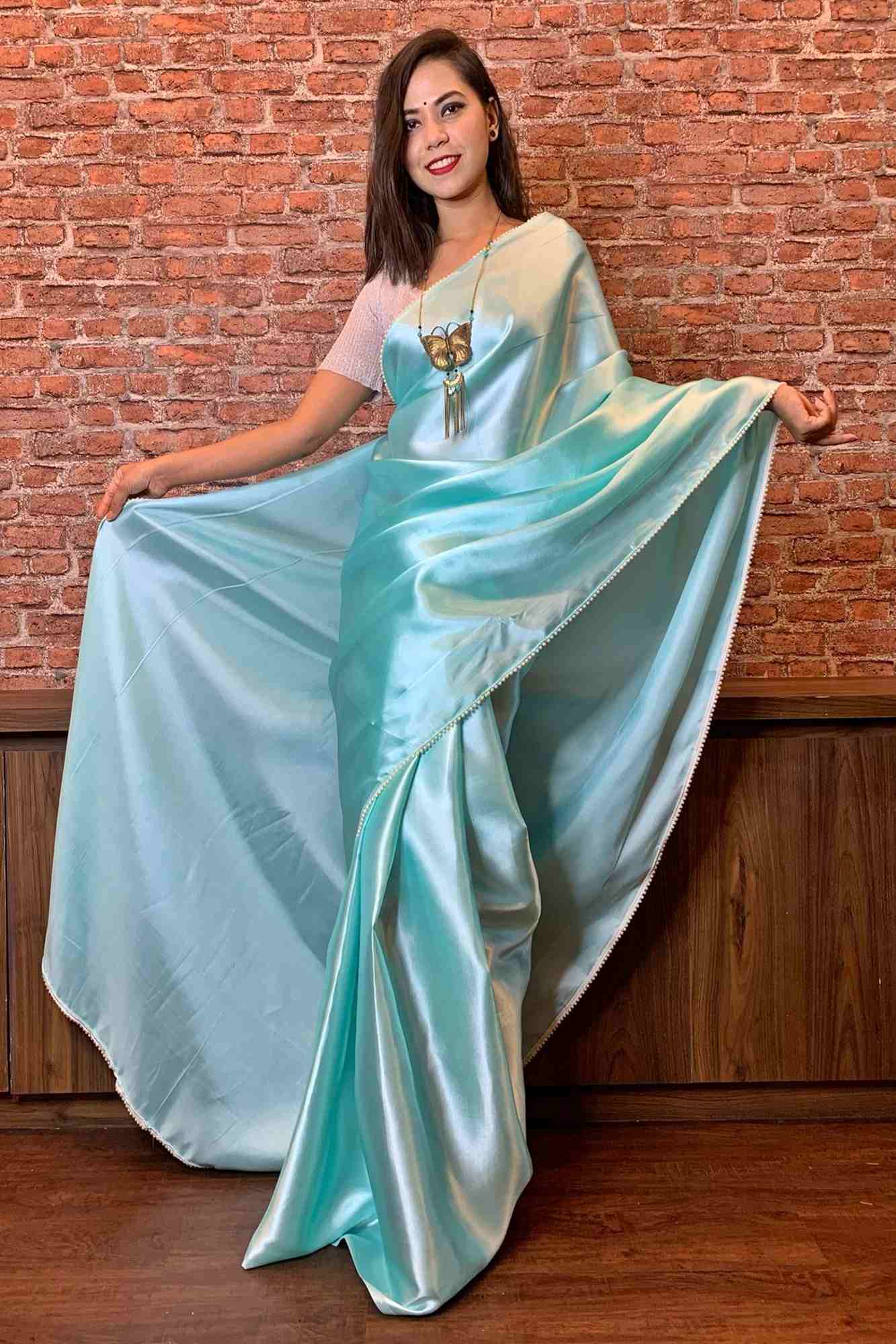 Light mint green satin with moti lace wrap in 1 minute saree - Isadora Life Online Shopping Store