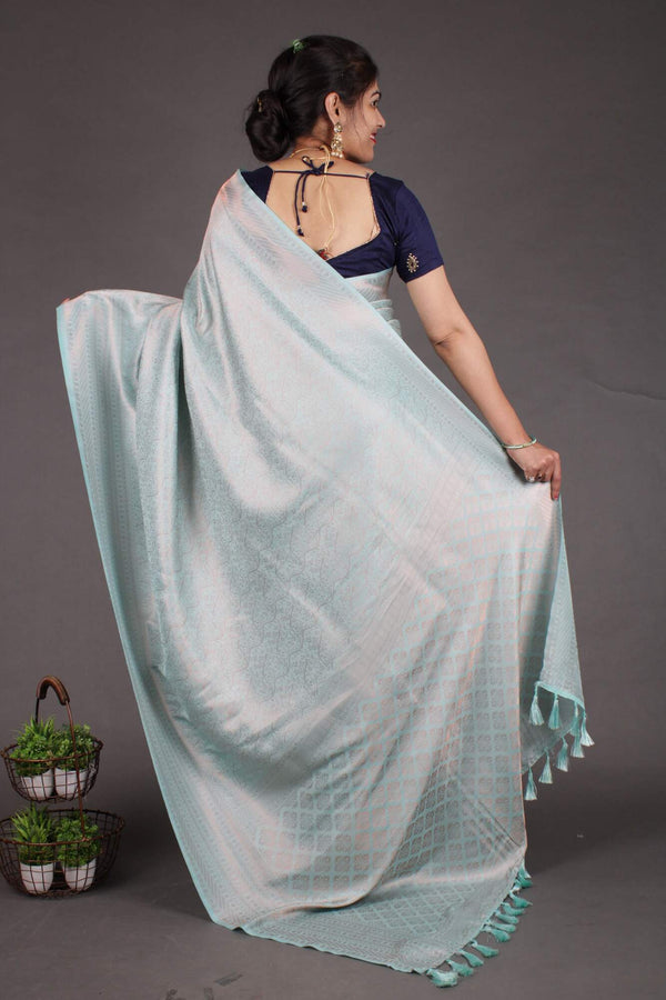 Alluring Aqua Blue Kanchipuram Silk Saree Wrap in 1 minute saree - Isadora Life Online Shopping Store