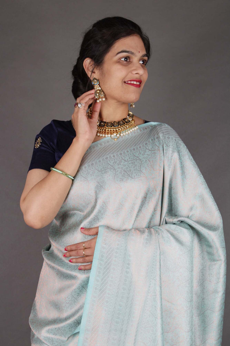 Alluring Aqua Blue Kanchipuram Silk Saree Wrap in 1 minute saree - Isadora Life Online Shopping Store
