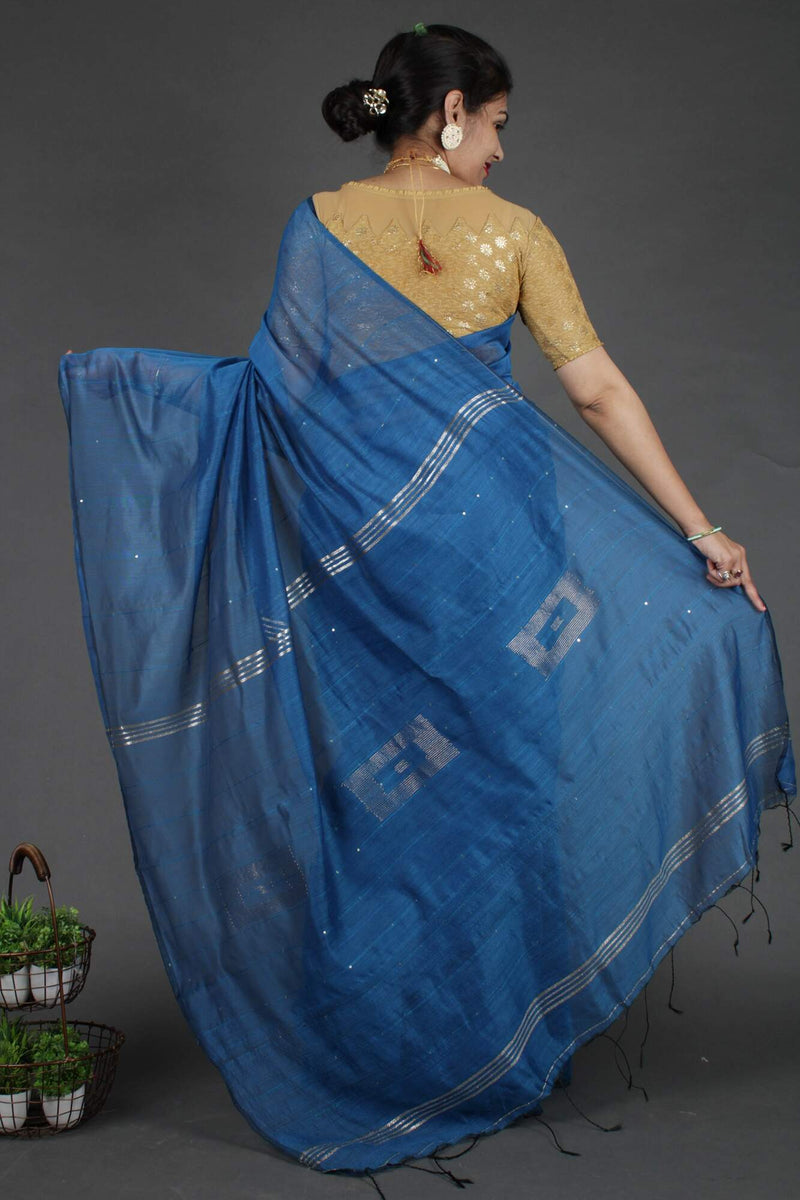 Teal Blue Cotton Silk Pure Handloom Saree With Sequin Block Work and Zari wrap in 1 minute saree - Isadora Life Online Shopping Store