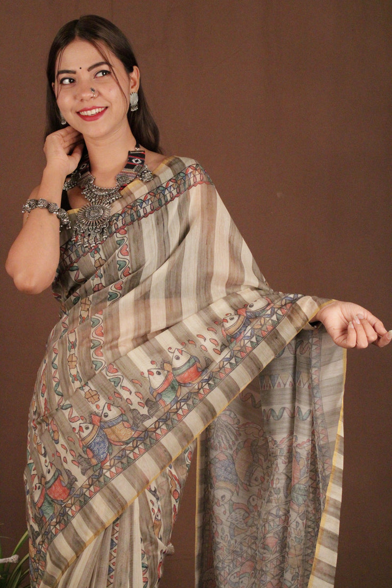 Multicolor Kalamkari Chanderi Cotton Silk Digital Printed Wrap in 1 minute saree with Tassels - Isadora Life Online Shopping Store