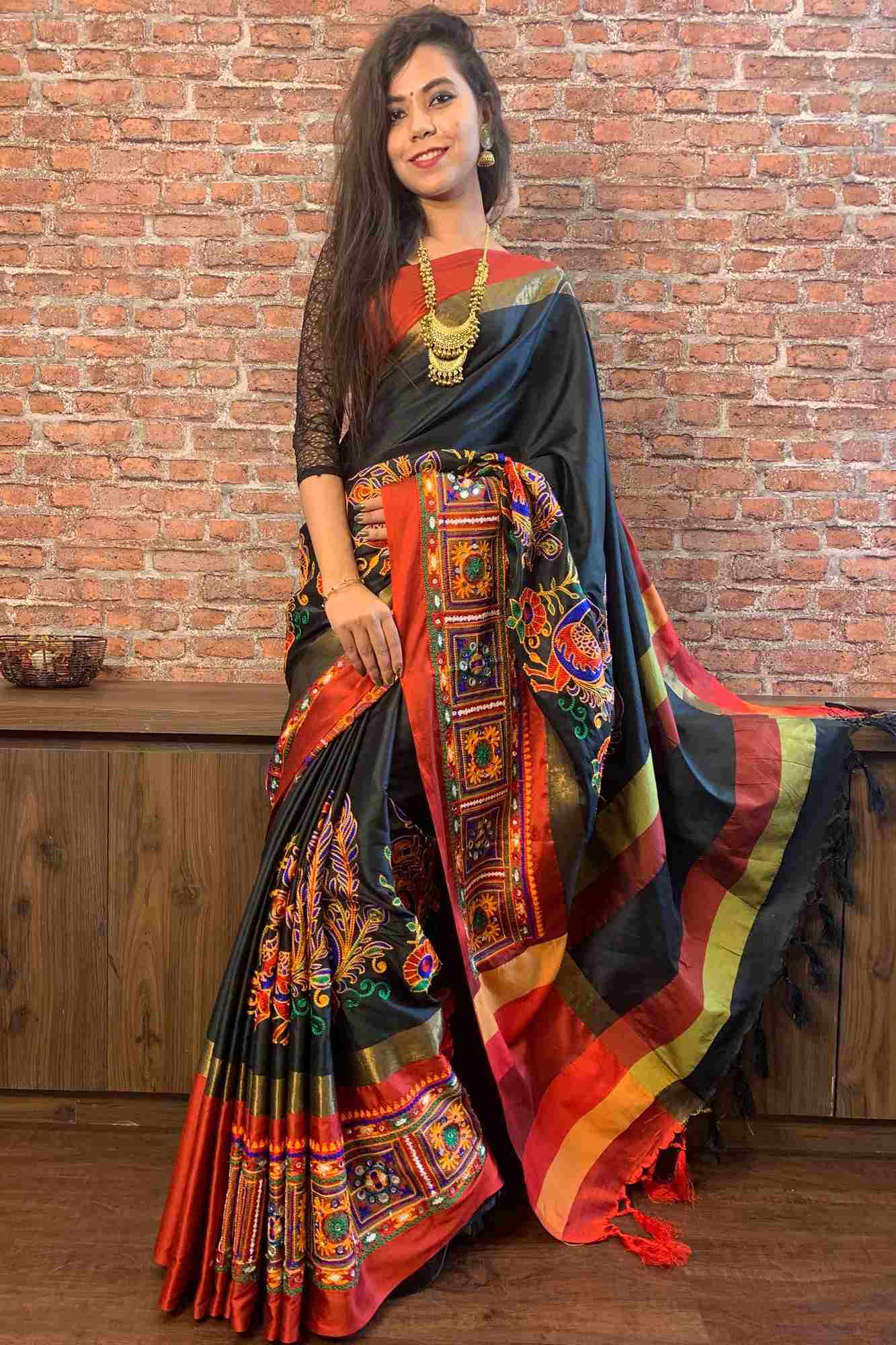 Cotton silk kutchi heavy embroidered wrap in 1 minute saree - Isadora Life Online Shopping Store