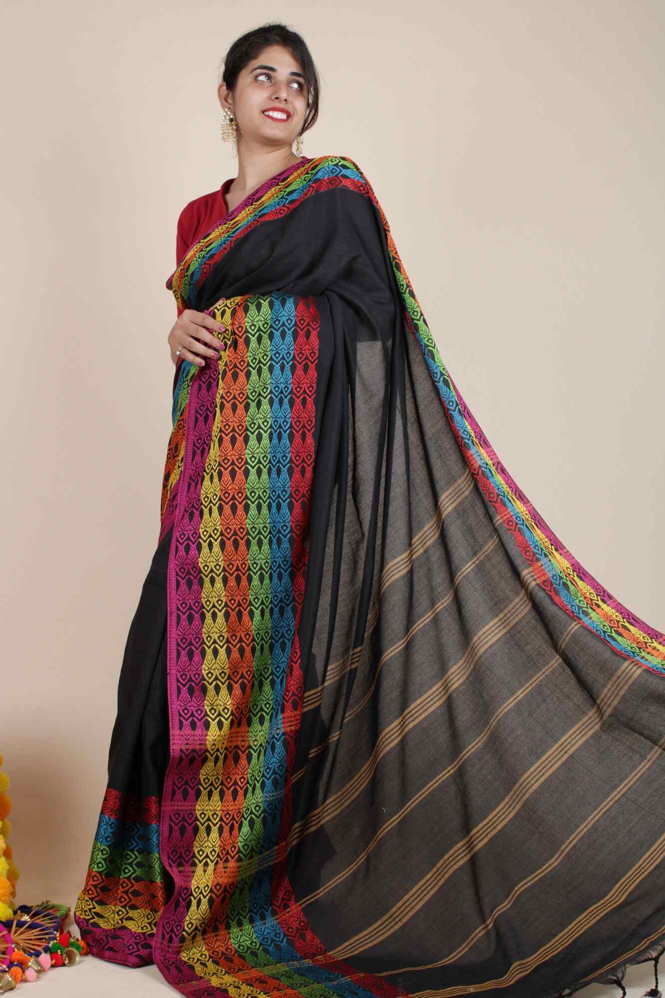 Black With Multicolour Border Pure Handloom Khadi Cotton Wrap In 1 Minute Saree - Isadora Life Online Shopping Store