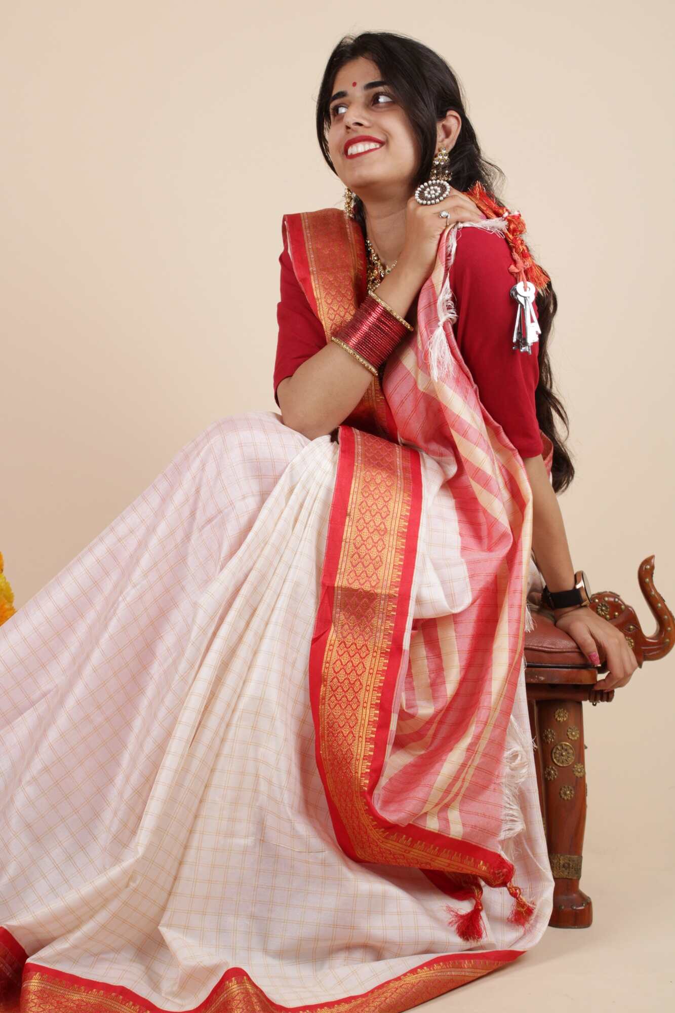 White and red silk Gadwal all over the check, pallu zari work wrap in 1 minute saree - Isadora Life Online Shopping Store