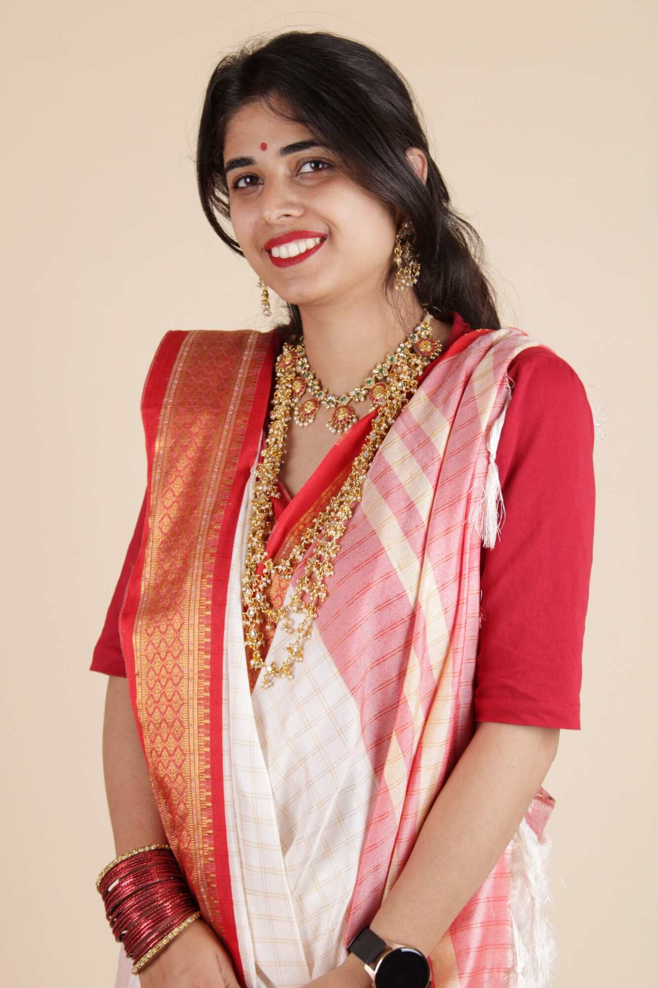White and red silk Gadwal all over the check, pallu zari work wrap in 1 minute saree - Isadora Life Online Shopping Store