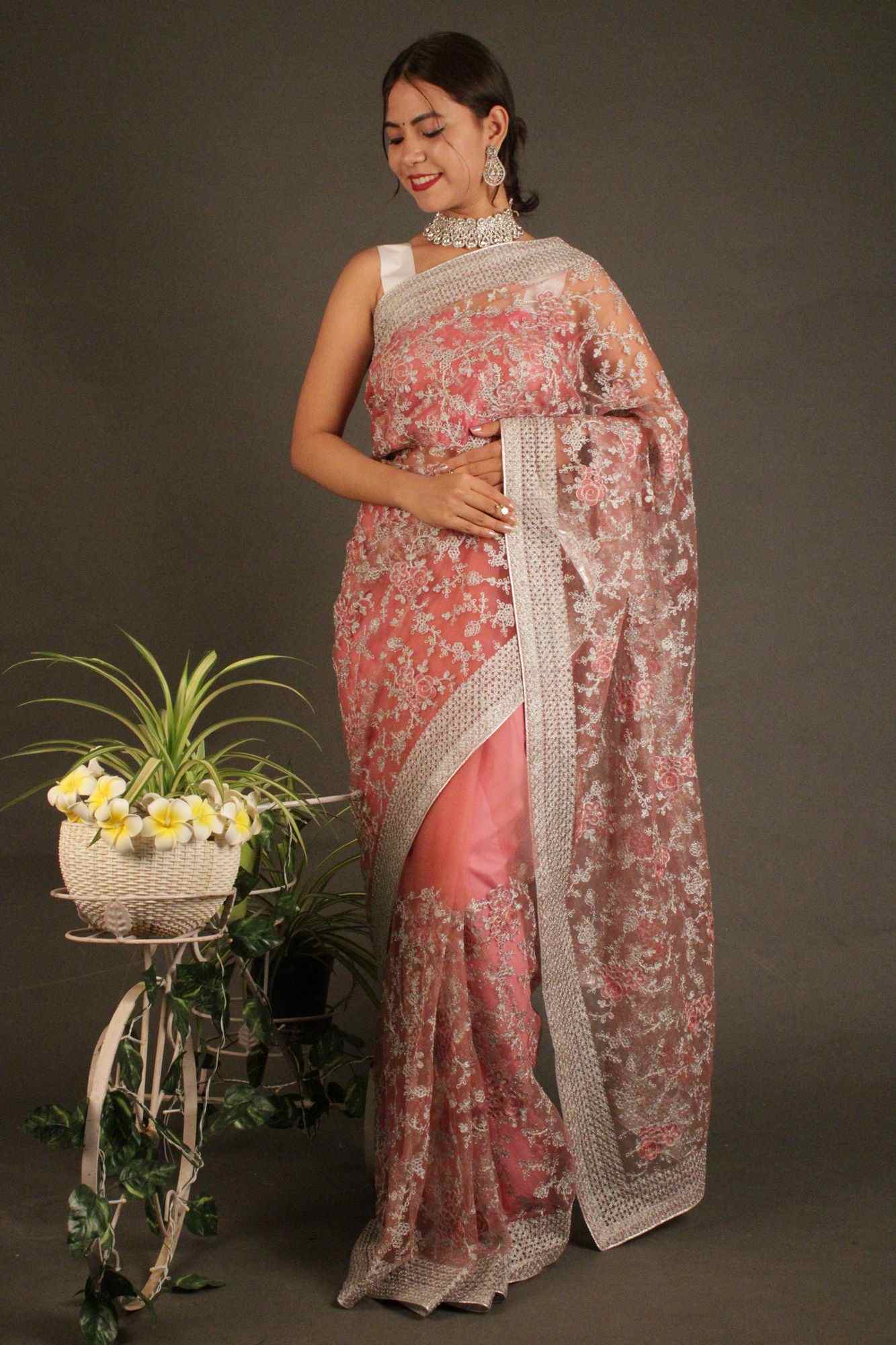 Pink Floral Zari thread Embroidered twinkiling Net Wrap in 1 minute saree with ready blouse - Isadora Life Online Shopping Store