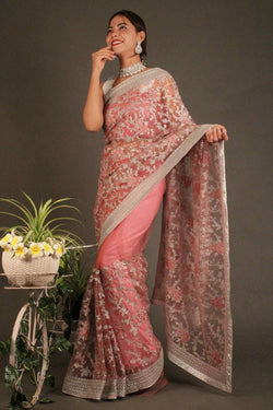 Pink Floral Zari thread Embroidered twinkiling Net Wrap in 1 minute saree with ready blouse - Isadora Life Online Shopping Store