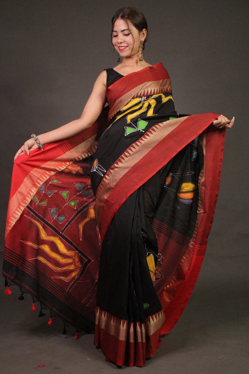 Black Handloom Cotton Handpainted Wrap in 1 minute saree - Isadora Life Online Shopping Store
