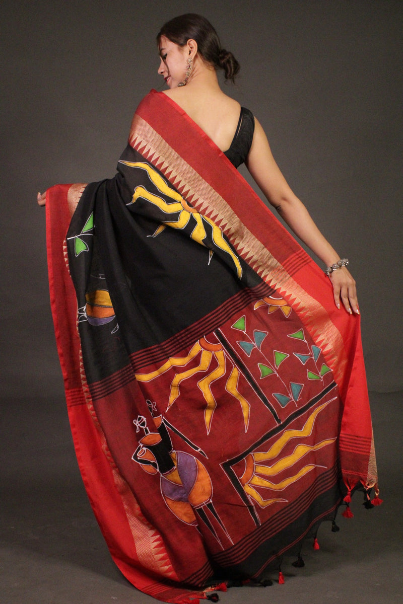 Black Handloom Cotton Handpainted Wrap in 1 minute saree - Isadora Life Online Shopping Store