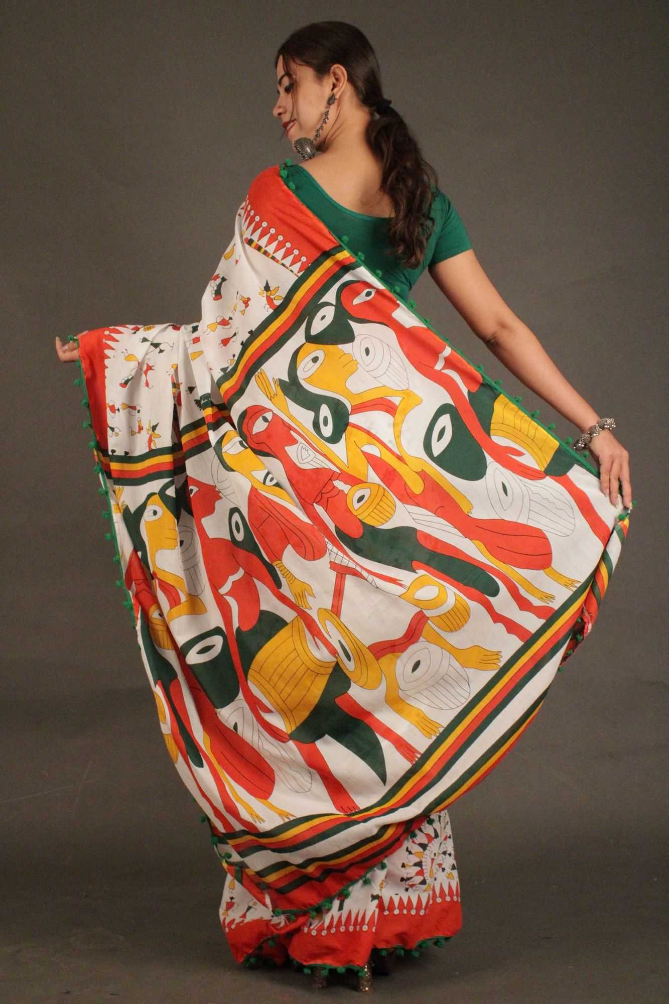 Saffron-White floral vegetable printed mul mul Cotton Wrap in 1 minute saree - Isadora Life Online Shopping Store