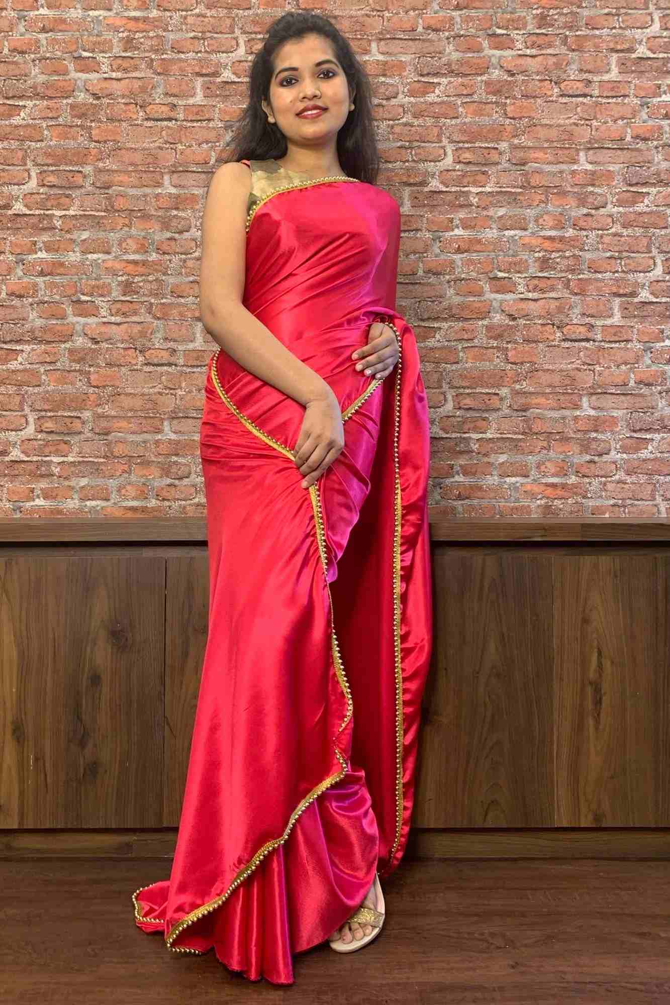 Fuschia Satin wrap in 1 minute saree with moti lace - Isadora Life Online Shopping Store
