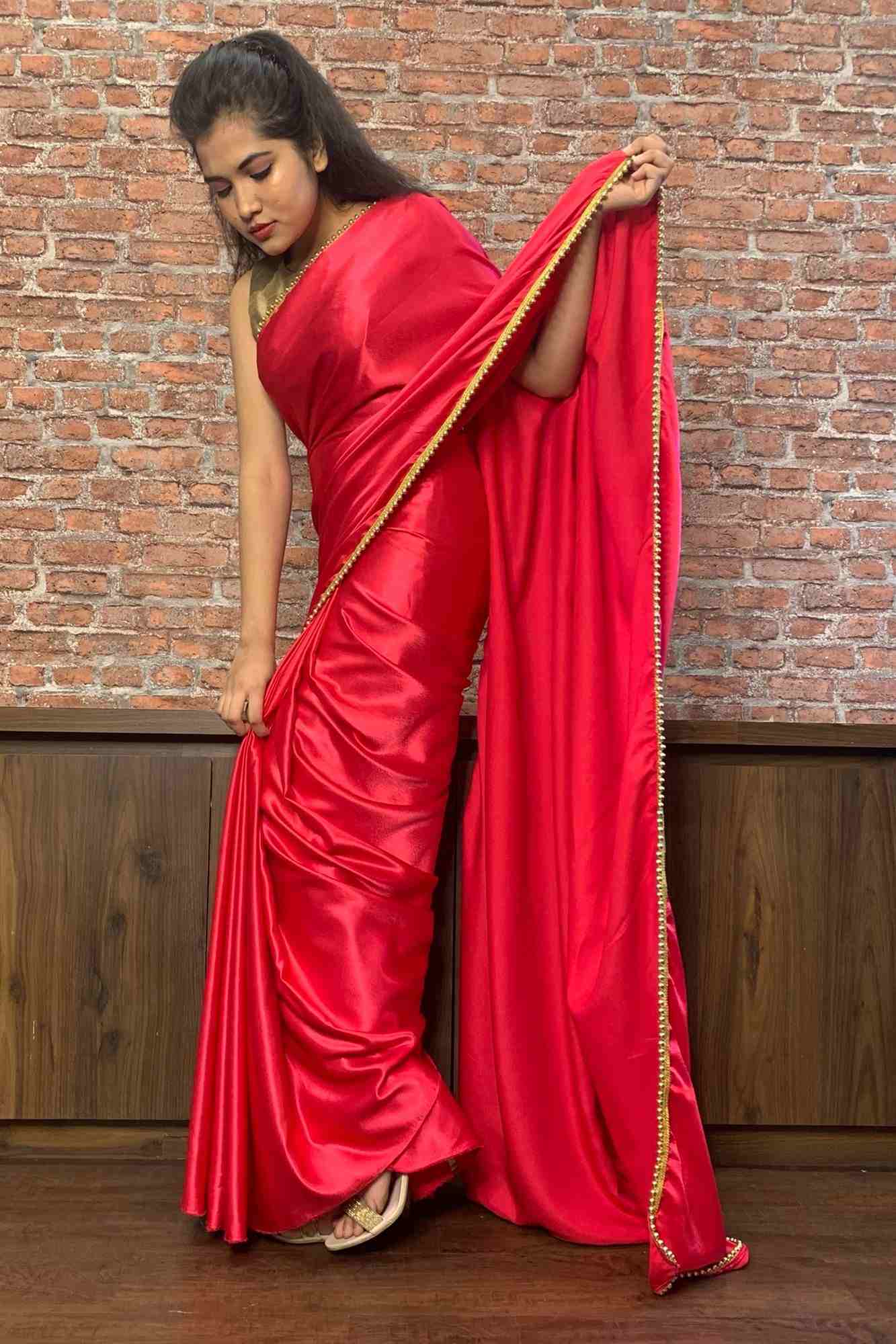 Fuschia Satin wrap in 1 minute saree with moti lace - Isadora Life Online Shopping Store