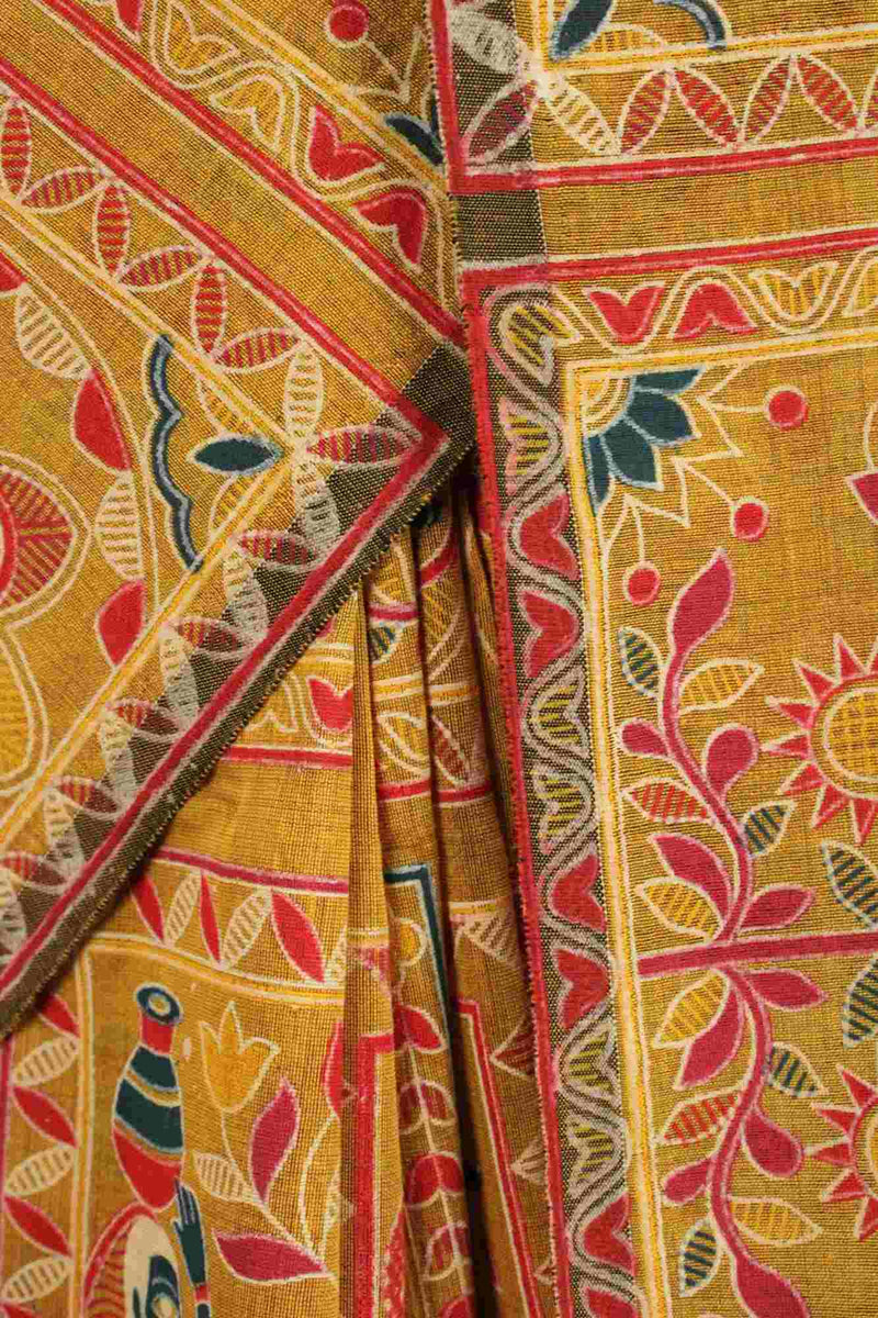 Mustard Cotton Handloom Madhubani Print all over Wrap in 1 minute saree - Isadora Life Online Shopping Store