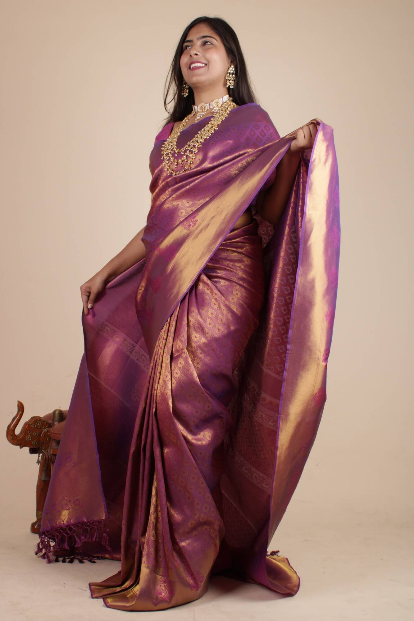 Wine gold kanjivaram dhoop chaanv  all over wrap in 1 minute saree - Isadora Life Online Shopping Store