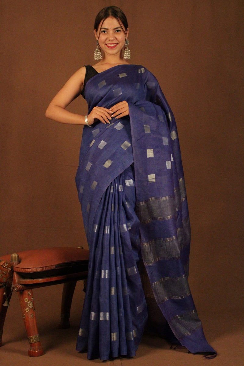 Royal navy blue cotton wilk with zari woven square Bootis Wrap in 1 minute saree - Isadora Life Online Shopping Store