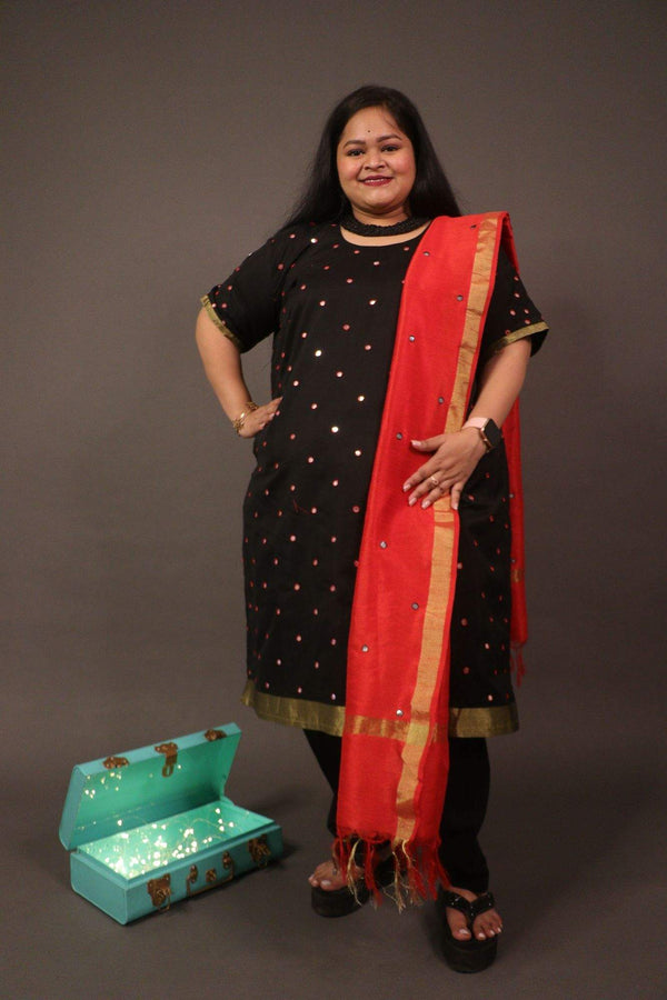 Red and black chanderi cotton mirror work kurta with beautiful dupatta readymade suit - Isadora Life Online Shopping Store