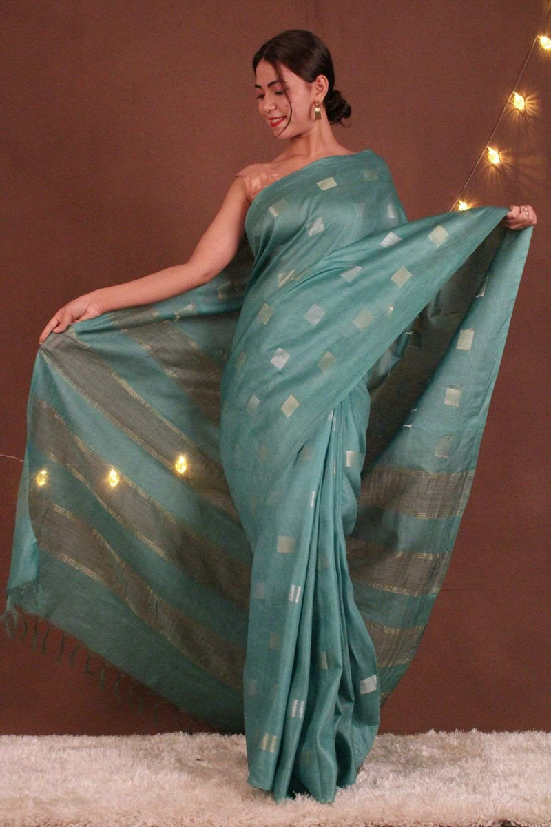 Sea Green Cotton silk woven Square Bootis Wrap In One Minute Saree - Isadora Life Online Shopping Store