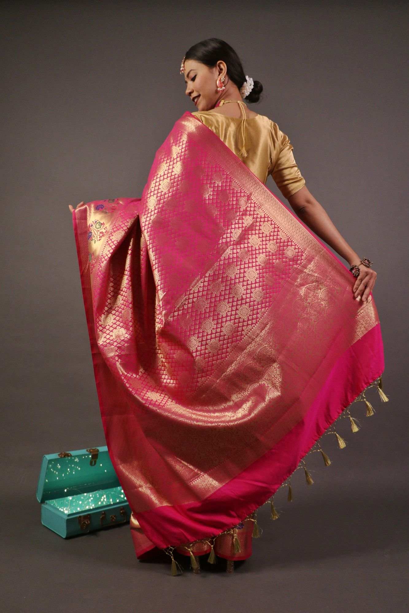 Banarasi with meena border and zari woven butis all over wrap in 1 minute saree - Isadora Life Online Shopping Store