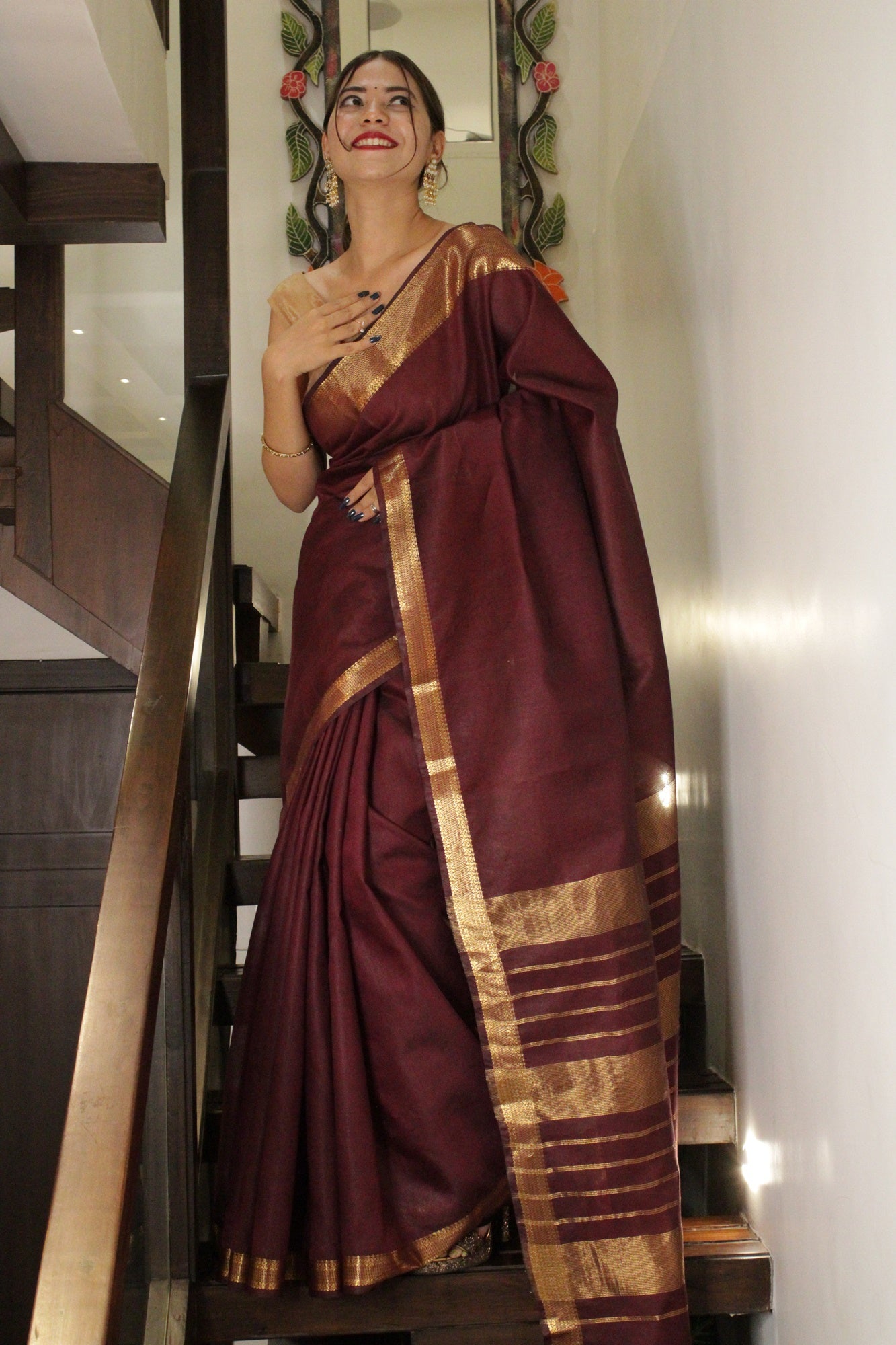 Dola silk saree sandal and maroon with allover ajrakh prints and zari –  Cherrypick
