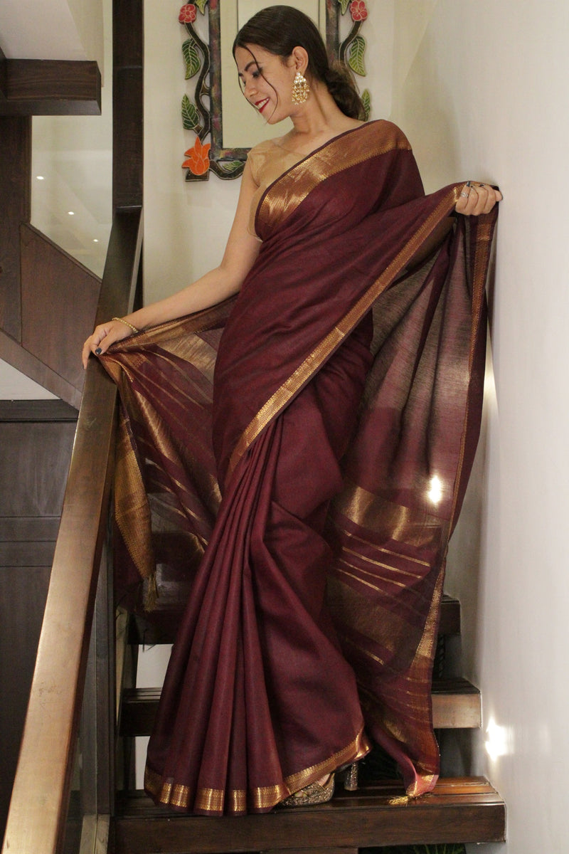 Maroon Manglagiri Copper Wrap In One Minute Saree - Isadora Life Online Shopping Store