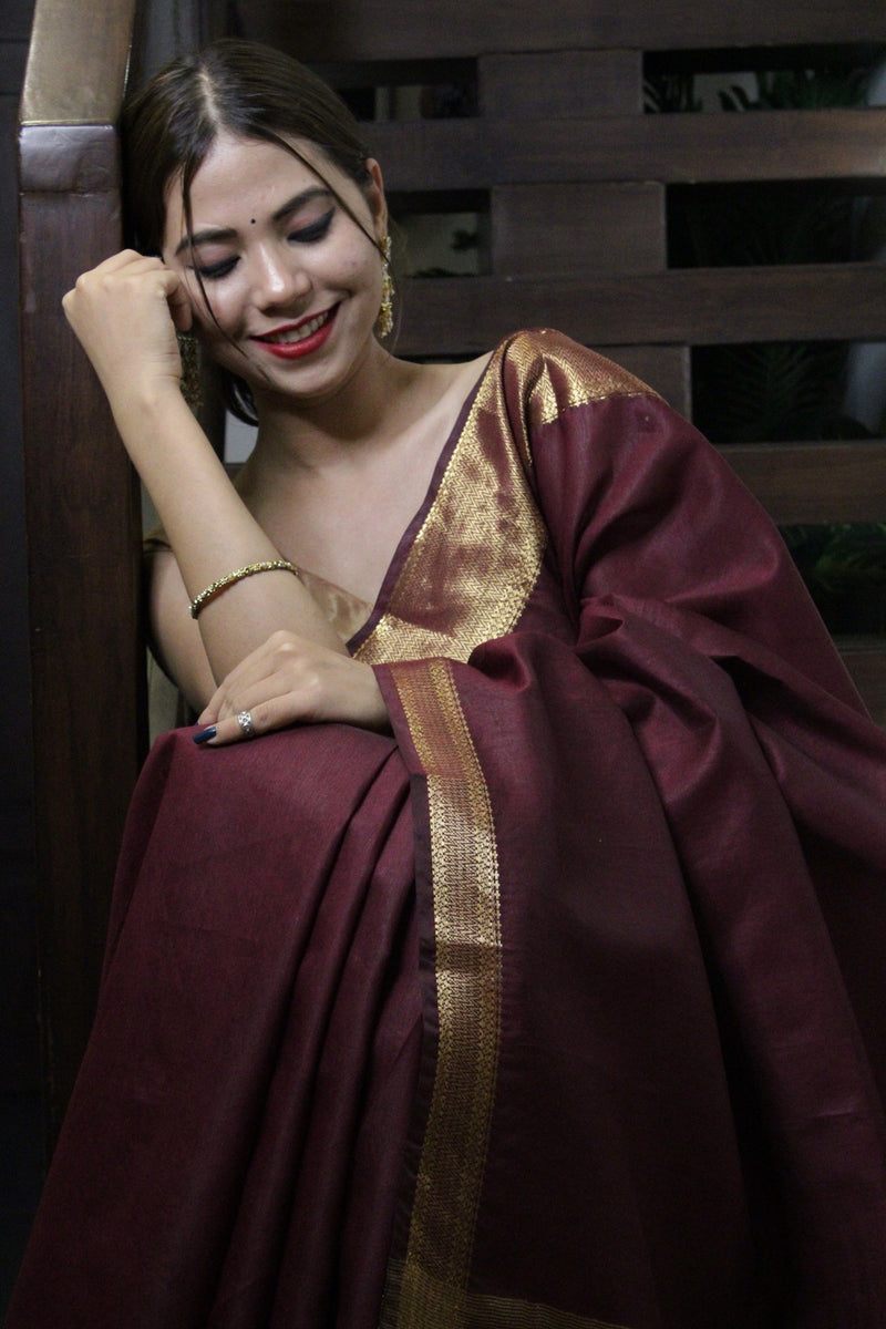 Maroon Manglagiri Copper Wrap In One Minute Saree - Isadora Life Online Shopping Store