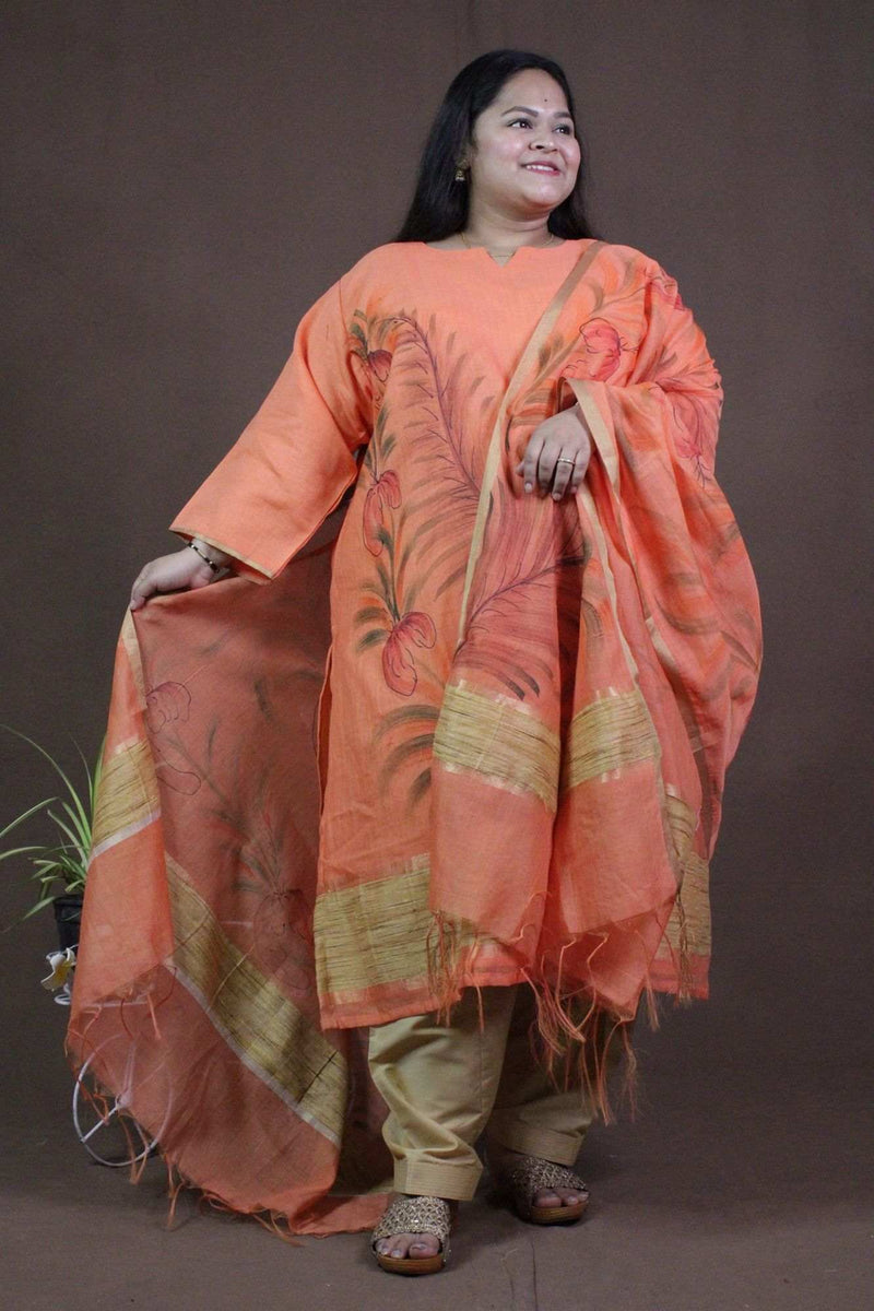 Orange-Beige handpainted Printed Ready to wear Salwar-Kameez with Dupatta - Isadora Life Online Shopping Store
