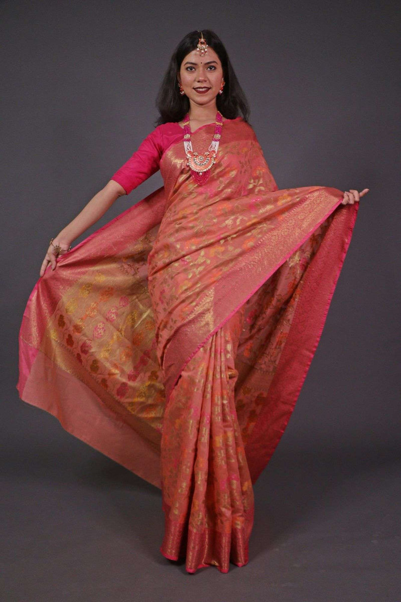 Peach Banarasi Jaal work zari woven wrap in 1 minute saree with ornate pallu - Isadora Life Online Shopping Store