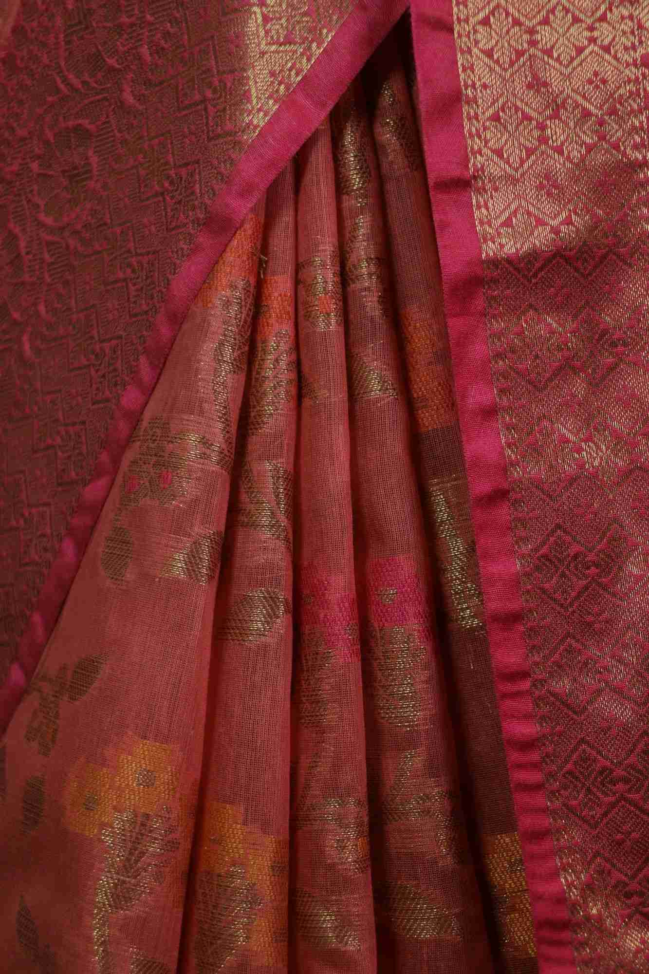 Peach Banarasi Jaal work zari woven wrap in 1 minute saree with ornate pallu - Isadora Life Online Shopping Store