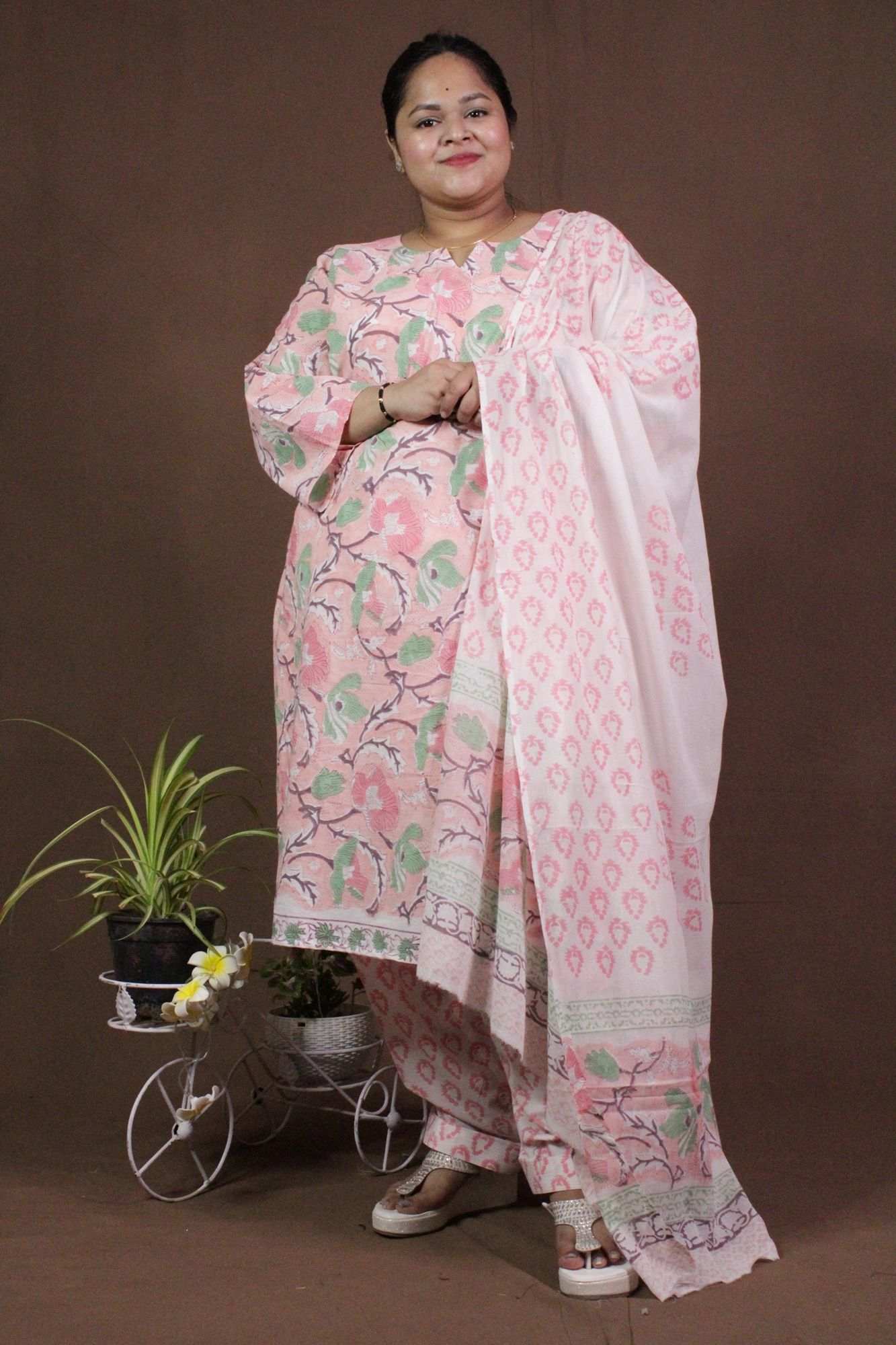 Pink-White Floral Printed Cotton Ready to wear Salwar-Kameez with Dupatta - Isadora Life Online Shopping Store