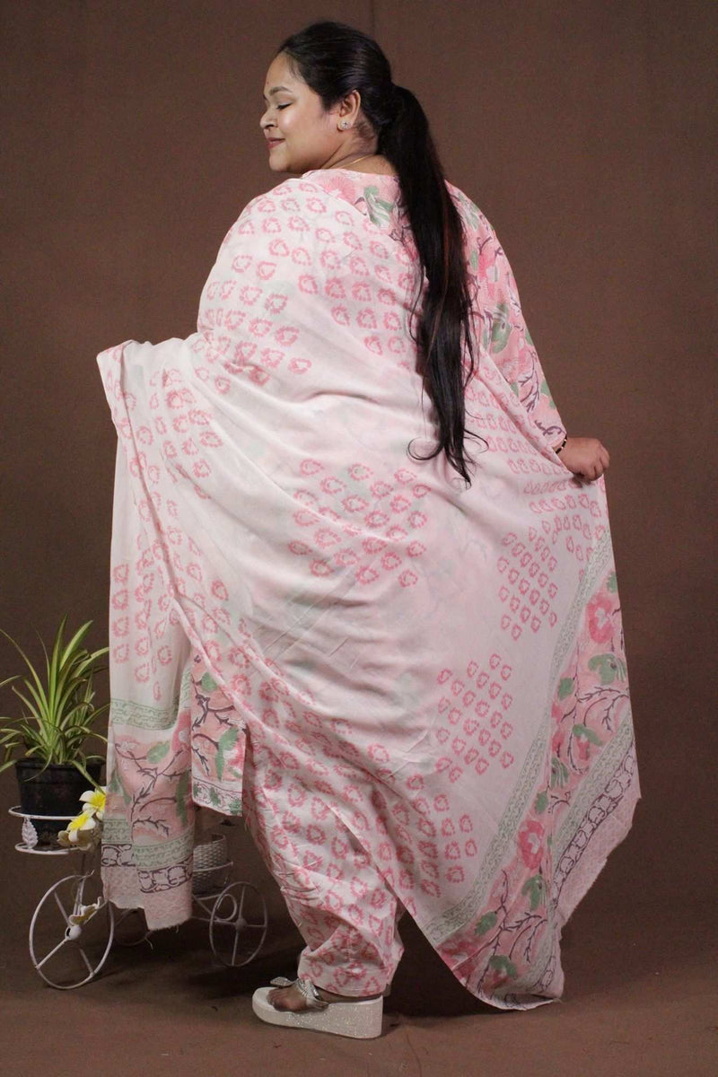 Pink-White Floral Printed Cotton Ready to wear Salwar-Kameez with Dupatta - Isadora Life Online Shopping Store