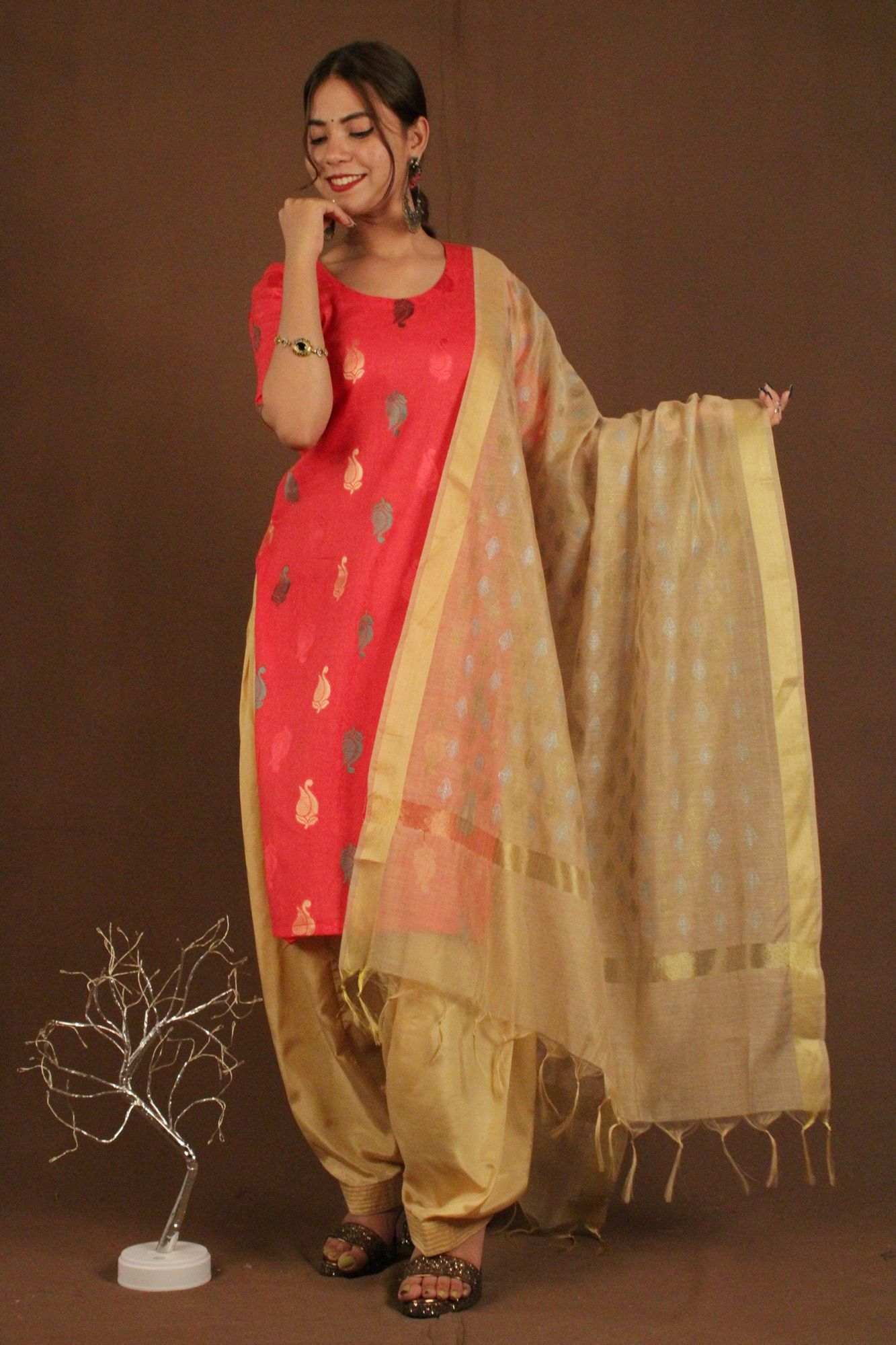 PINK-CREAM Ready to wear Salwar-Kameez with Tisuue Dupatta