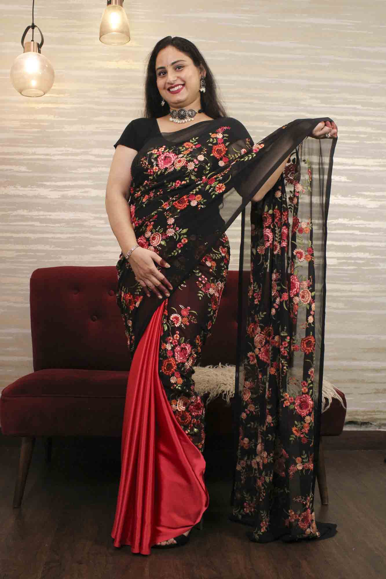 Designer Kashmiri Embroidery with Sequins woven pallu & satin wrap in 1 minute saree - Isadora Life Online Shopping Store