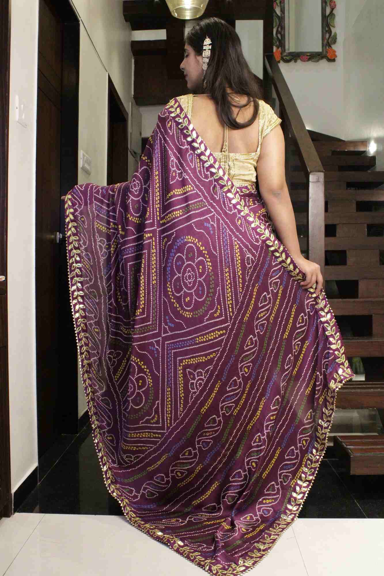 Violet Bandhani Printed Georgette with Gota Patti Lace Border Wrap in 1 minute saree - Isadora Life Online Shopping Store