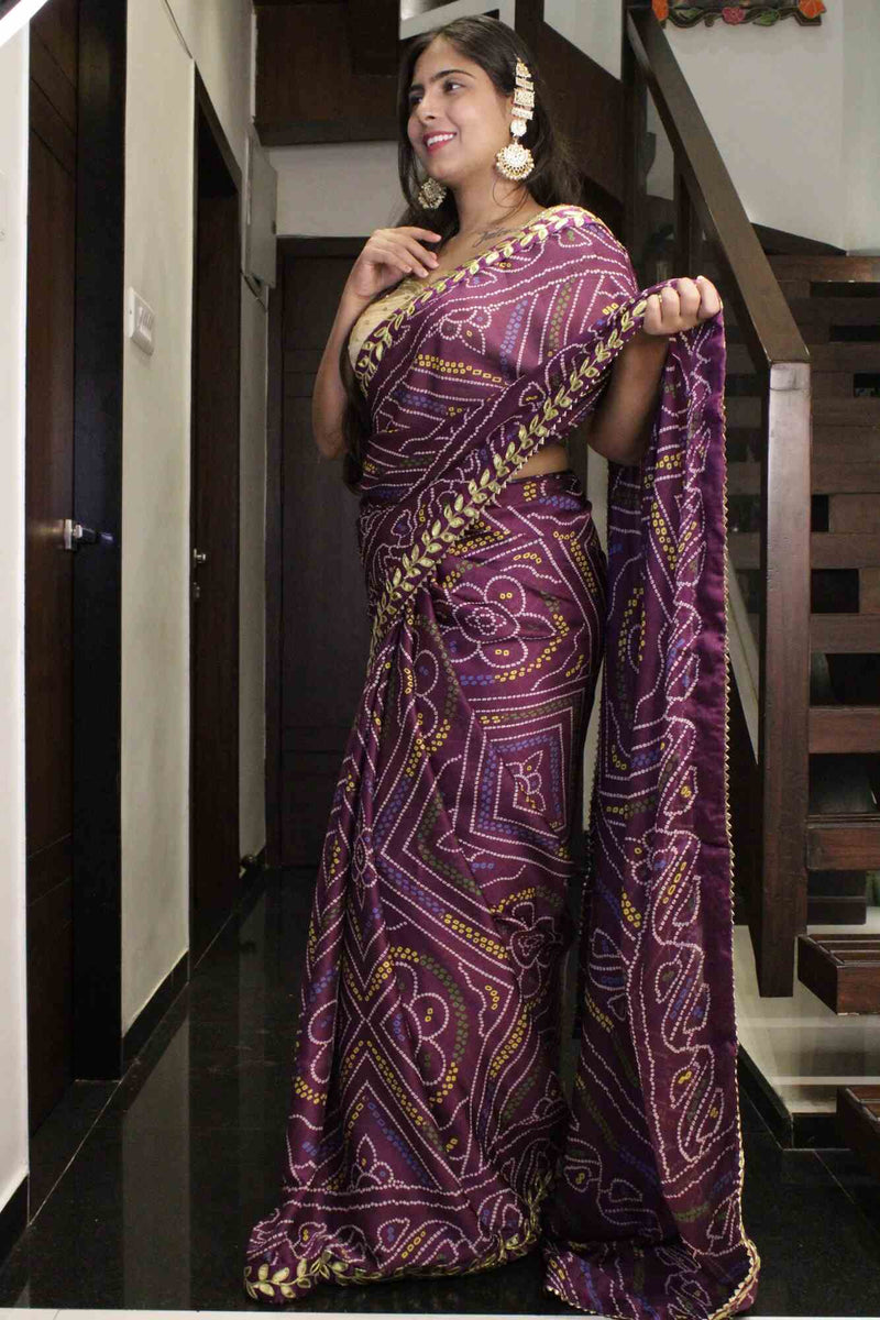 Violet Bandhani Printed Georgette with Gota Patti Lace Border Wrap in 1 minute saree - Isadora Life Online Shopping Store