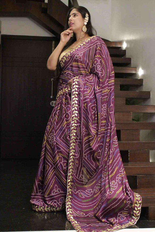 Violet Bandhani Printed Georgette with Gota Patti Lace Border Wrap in 1 minute saree - Isadora Life Online Shopping Store