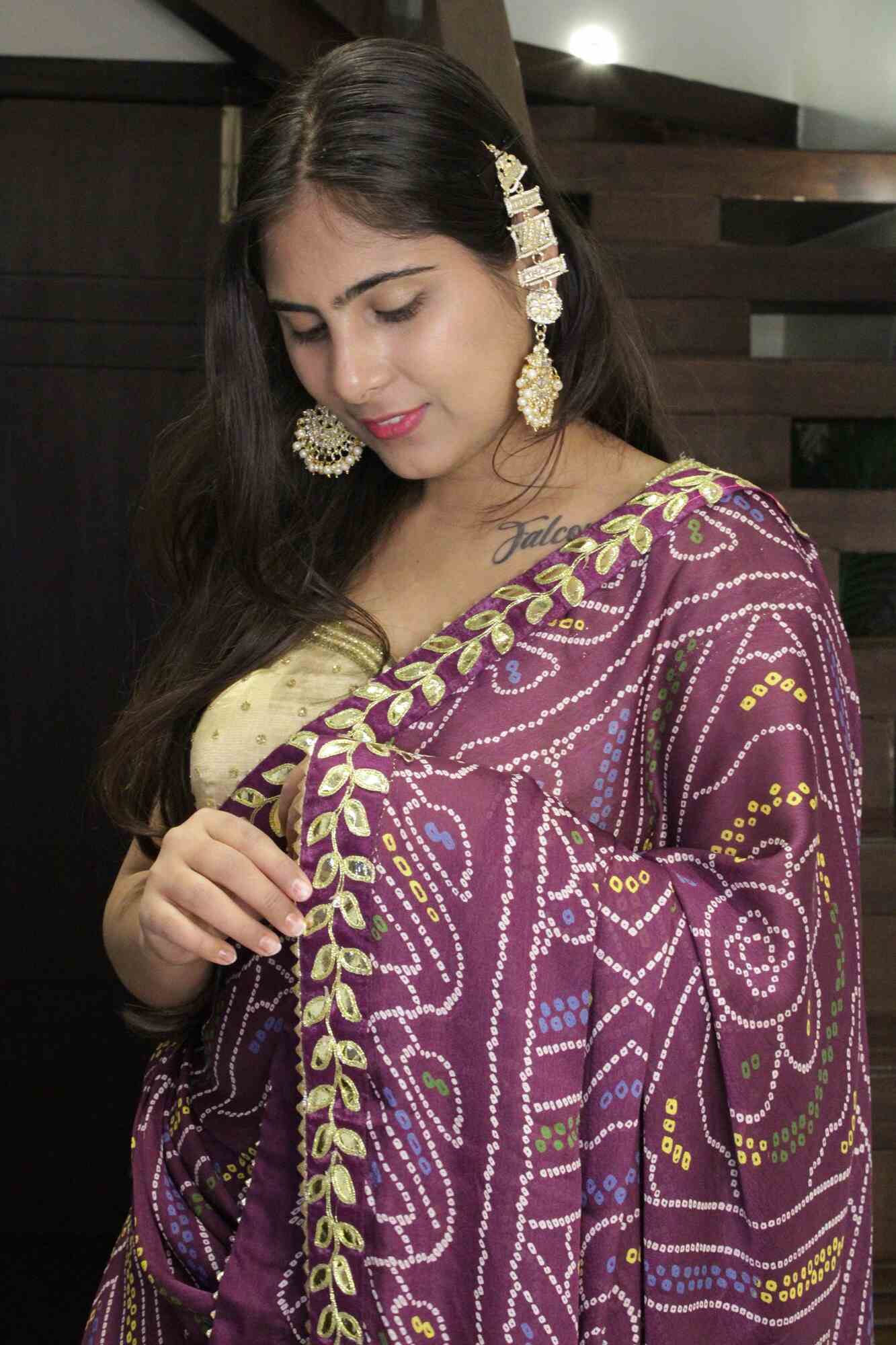 Violet Bandhani Printed Georgette with Gota Patti Lace Border Wrap in 1 minute saree - Isadora Life Online Shopping Store