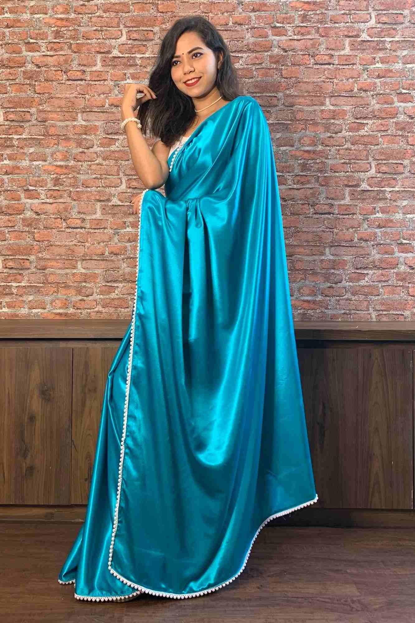 Blue satin with moti lace wrap in 1 minute saree - Isadora Life Online Shopping Store