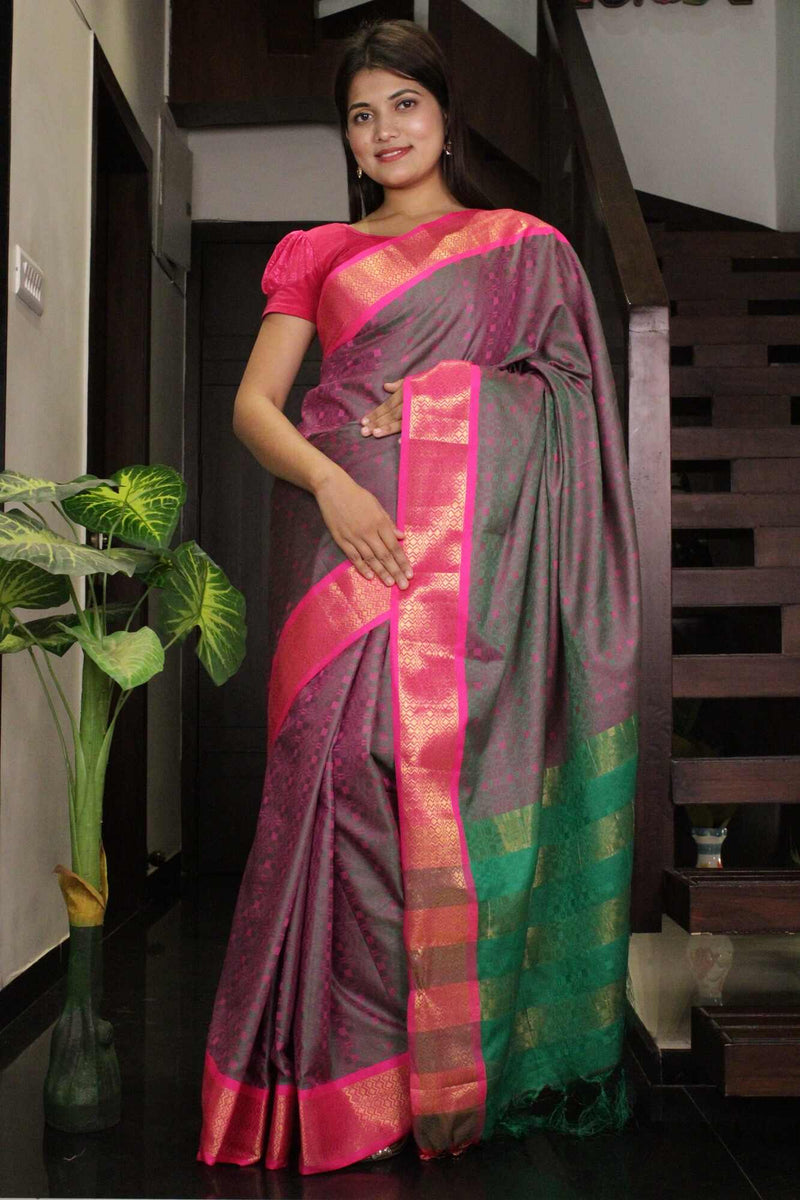 Pink & Green Cotton Silk woven Saree With Contrast Pallu Wrap in 1 minute saree - Isadora Life Online Shopping Store