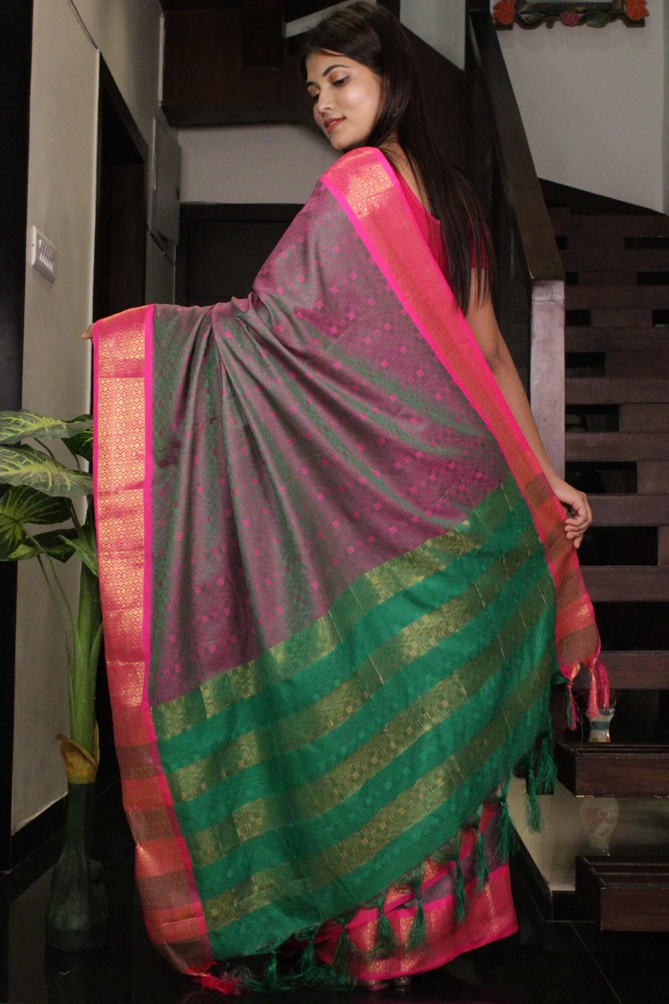 Pink & Green Cotton Silk woven Saree With Contrast Pallu Wrap in 1 minute saree - Isadora Life Online Shopping Store
