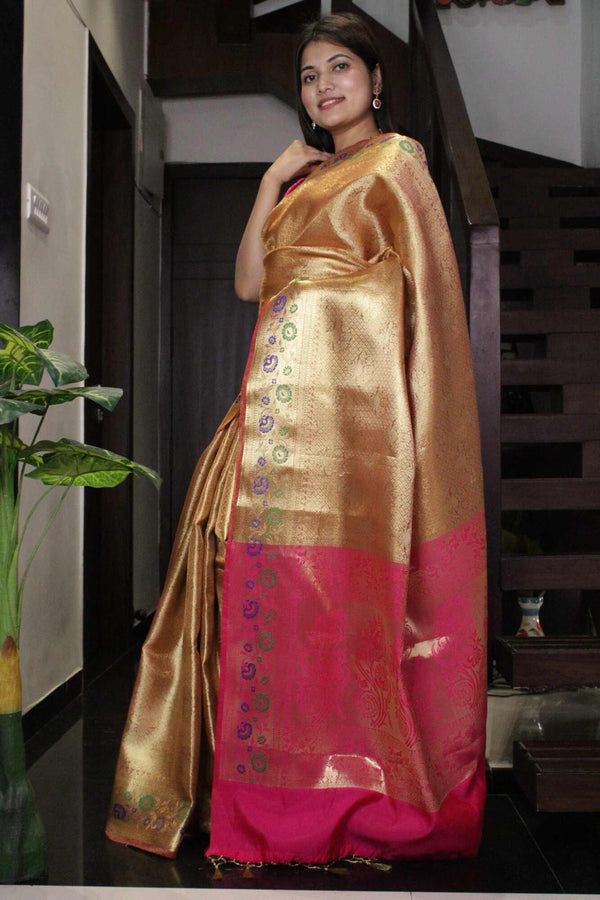 Golden Banarasi with meena border and zari woven butis all over wrap in 1 minute saree - Isadora Life Online Shopping Store