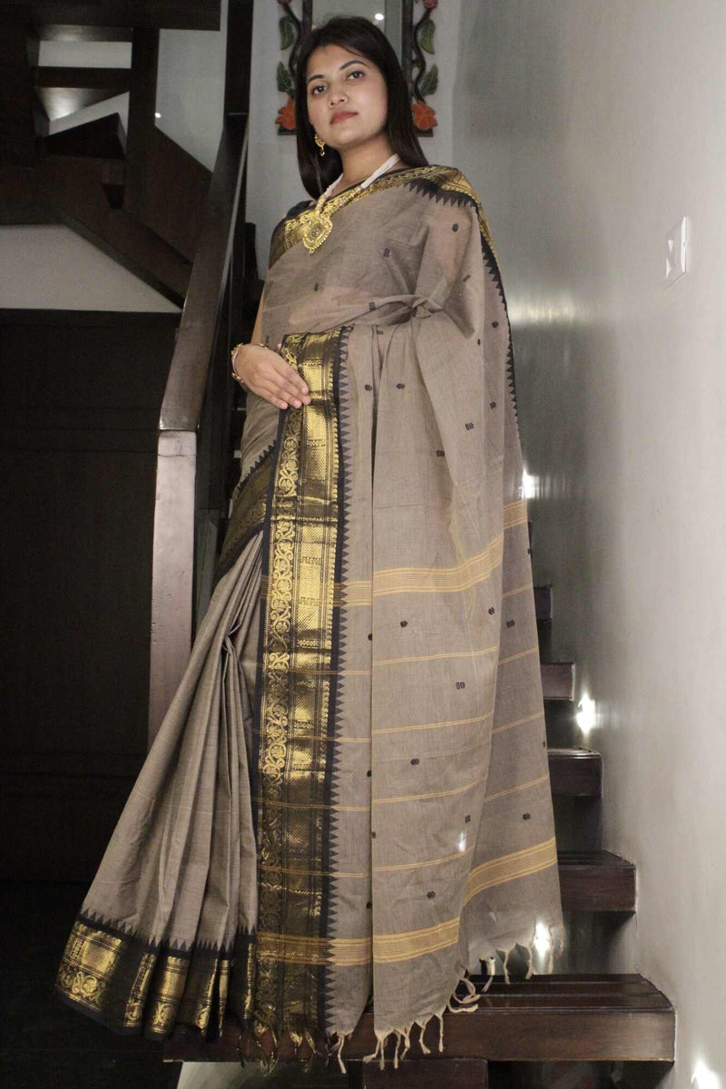 Grey and Gold Kanjivaram Hand Butta Fine Cotton Saree wrap in 1 minute saree - Isadora Life Online Shopping Store