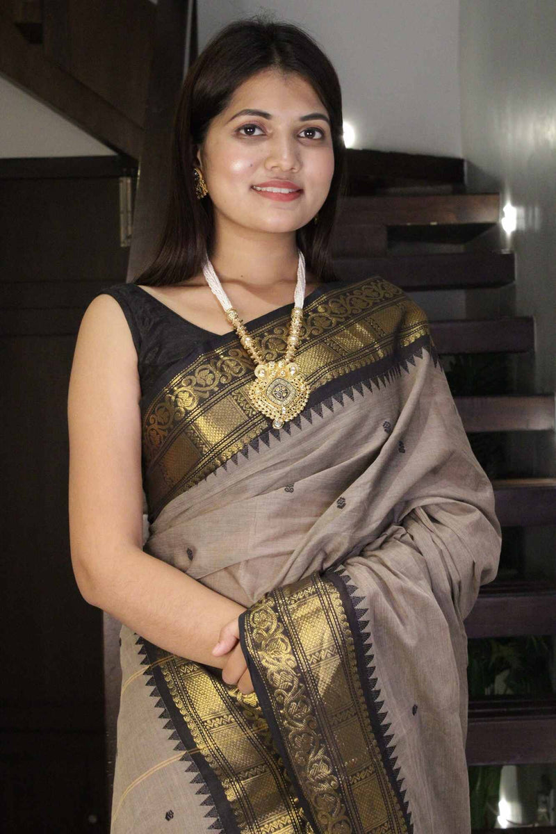 Grey and Gold Kanjivaram Hand Butta Fine Cotton Saree wrap in 1 minute saree - Isadora Life Online Shopping Store