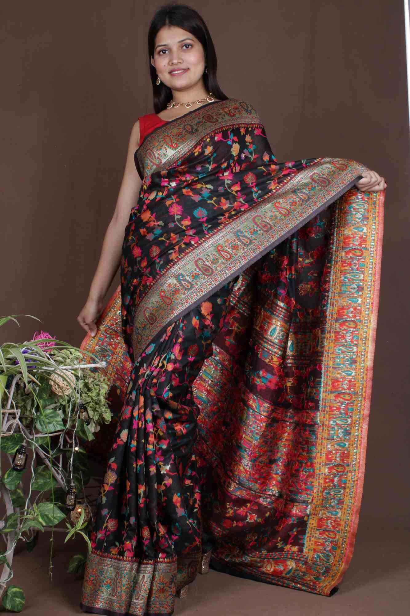 Black Modal Woven pashmina with woven ornate pallu prestitched Wrap in 1 minute saree - Isadora Life Online Shopping Store