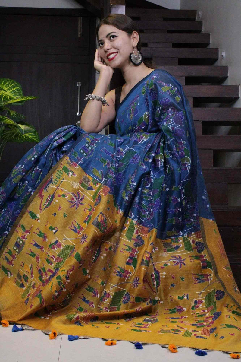 Blue-Mustard Cotton Handloom Madhubani Print all over Wrap in 1 minute saree - Isadora Life Online Shopping Store