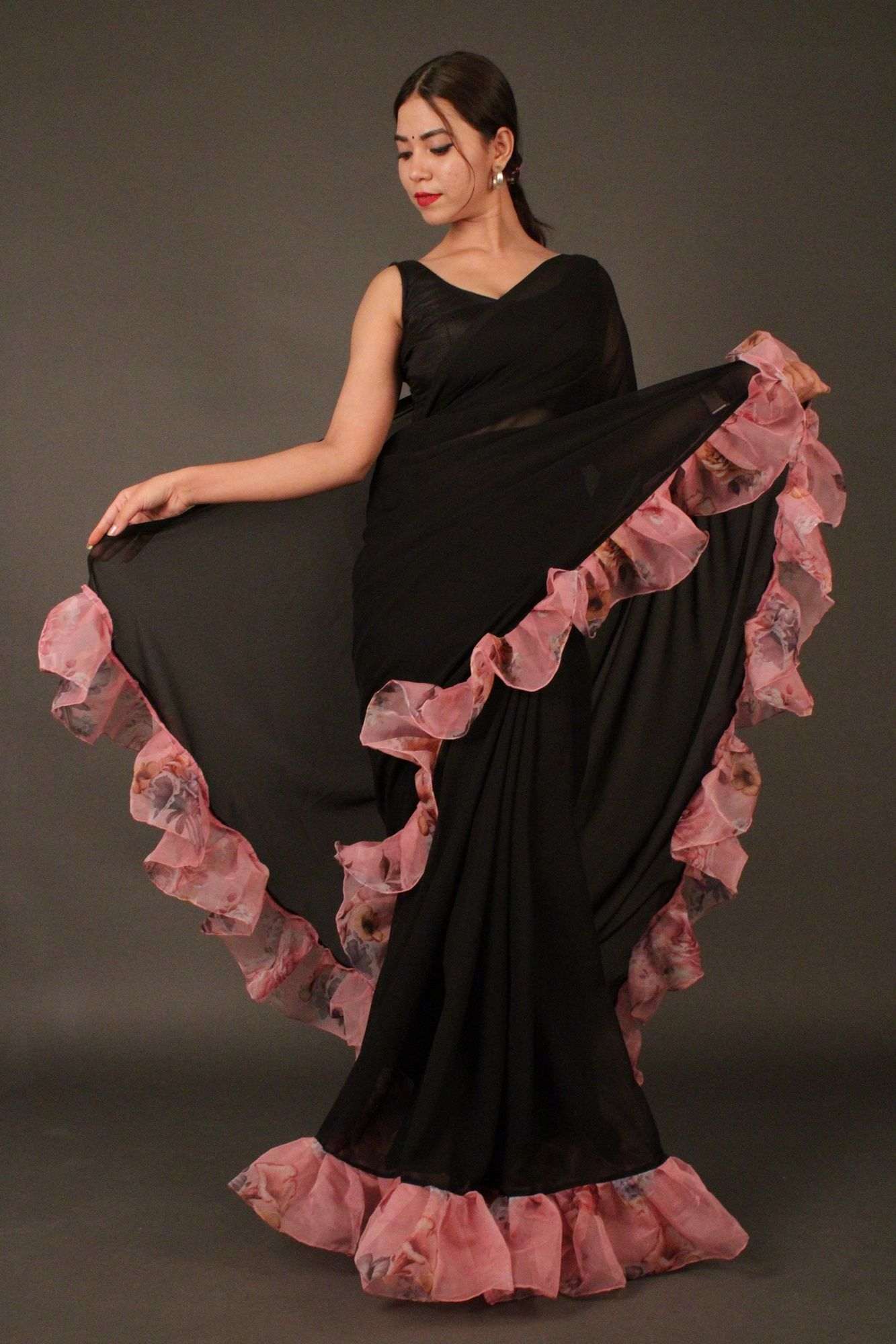 Black Georgette with Rosy Pink Ruffled Border Wrap in 1 minute saree - Isadora Life Online Shopping Store