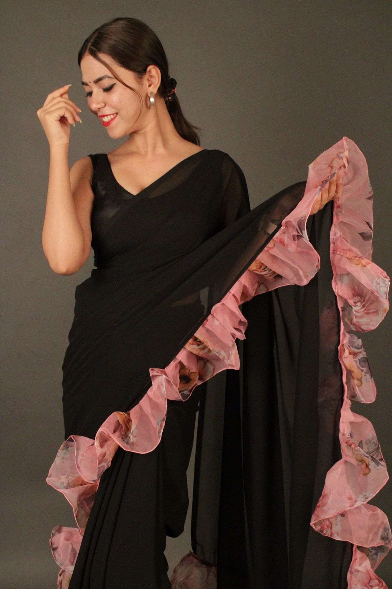 Black Georgette with Rosy Pink Ruffled Border Wrap in 1 minute saree - Isadora Life Online Shopping Store